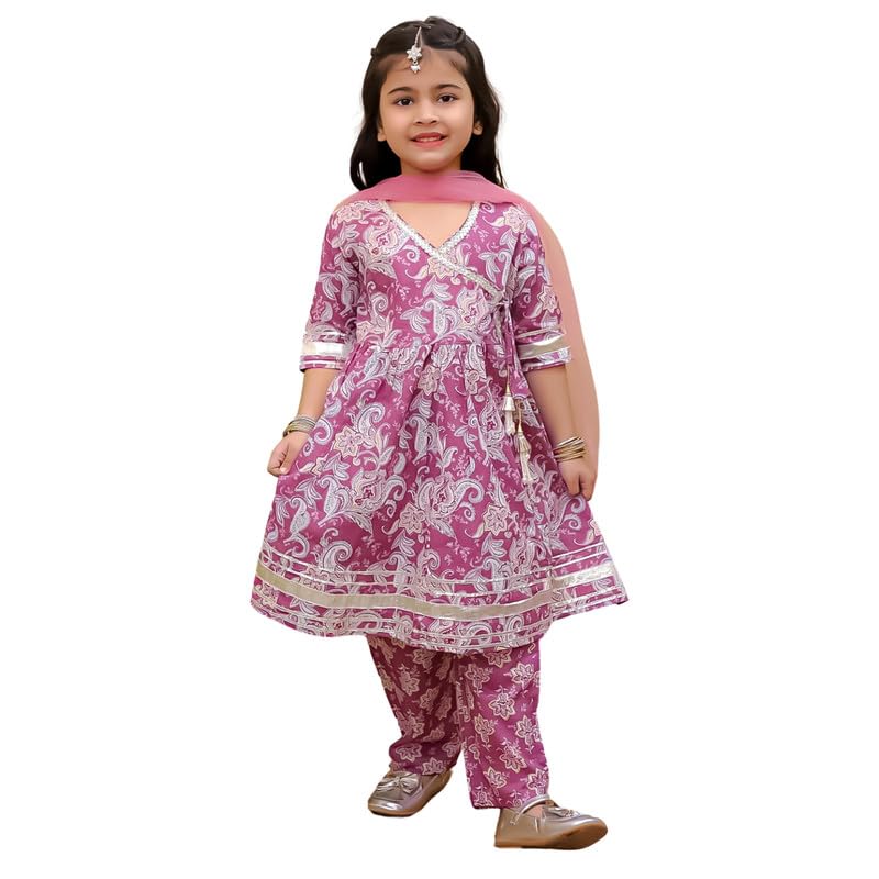 superminis Girls Cotton Floral Printed Angrakha Gotta Patti Kurti Pant Set with Net Dupatta (18-24 Months, Purple) - Image 1