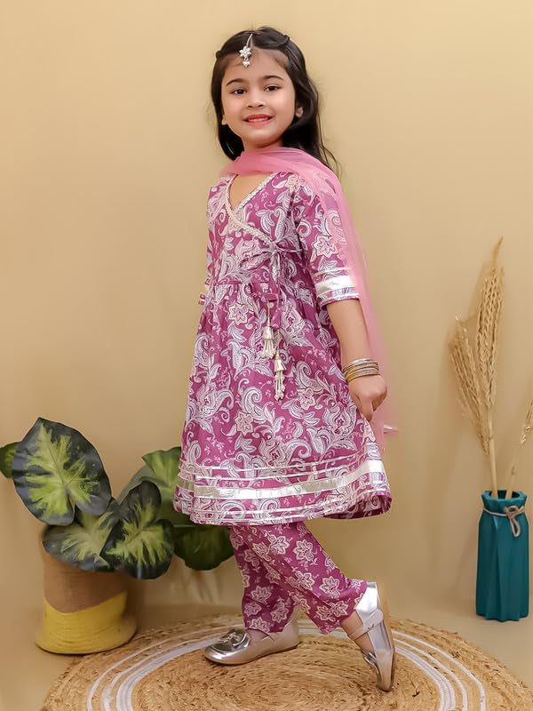 superminis Girls Cotton Floral Printed Angrakha Gotta Patti Kurti Pant Set with Net Dupatta (18-24 Months, Purple) - Image 4