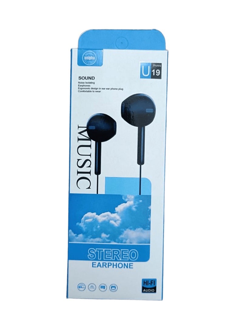 U19 Comfortable Wired Earphones with Built-in Microphone, Black - Image 1