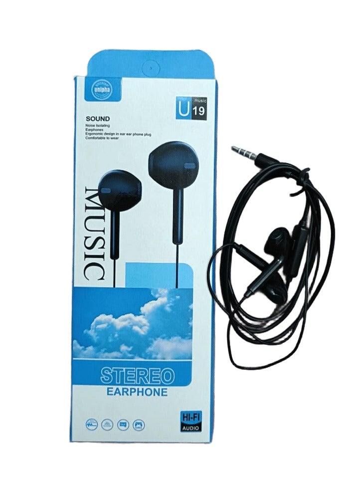 U19 Comfortable Wired Earphones with Built-in Microphone, Black - Image 2