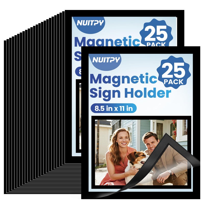 NUITPY 25 Pack Magnetic Sign Holder, 8.5in x 11in Self Adhesive Wall Mount Magnetic Document Holder, Magnetism Border Sign Holder with Transparent PVC Front Cover - Image 1