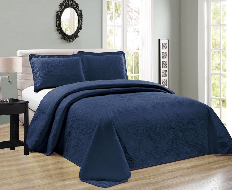 Elegant Home Decor Elegant Home Beautiful Over Sized Solid Color Dark Blue Navy Embossed Floral Striped 3 Piece King Size Coverlet Bedspread King Navy 