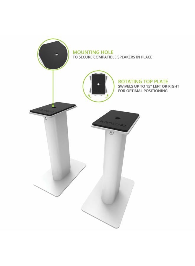 Kanto SP9W Desktop Speaker Stands for Small/Medium Bookshelf Speakers & Compact/Mid-Size 2”-4” Studio Monitors | 8.3" Tall | Rotating Top Plate | Hidden Cables | ¼”-20 Mounting | Pair | White - Image 2