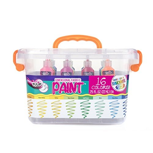 Tulip Puff Fabric Paint Big Box Creative Party Kit Includes Reusable Plastic Bin Permanent 3D Paint for Fashion DIYs Rock Painting Arts Crafts Rainbow Colors 16Pack - Image 1