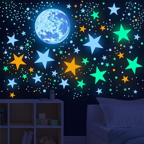 Sinekong Glow in The Dark Stars and Moon Ceiling Wall Decal Colorful Glowing Space Galaxy Wall Stickers for Kids Boys Girls Bedroom Living Room Nursery Decor - Image 1
