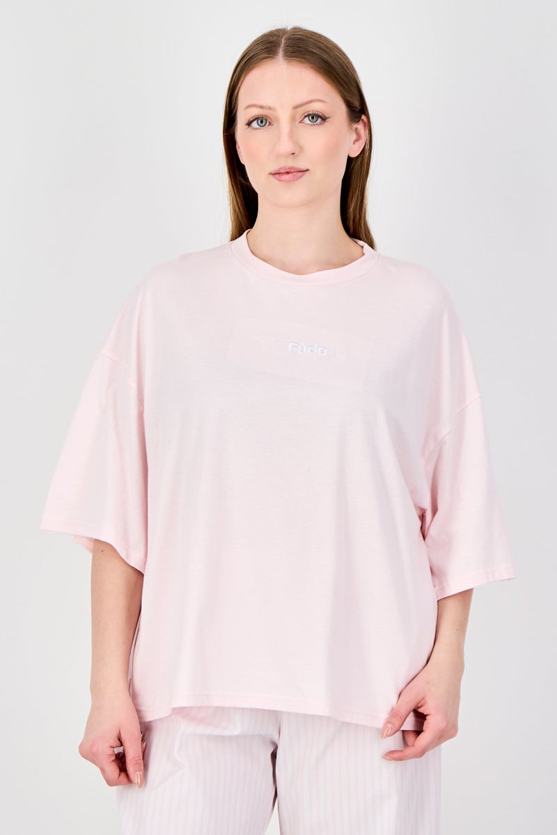 Fudo Women 2Pcs Short Sleeve Top And Bottom Pyjama Set, Pink - Image 3