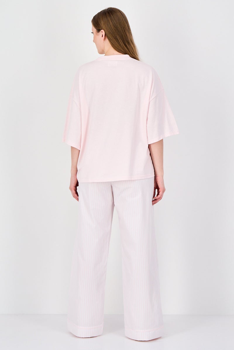 Fudo Women 2Pcs Short Sleeve Top And Bottom Pyjama Set, Pink - Image 2