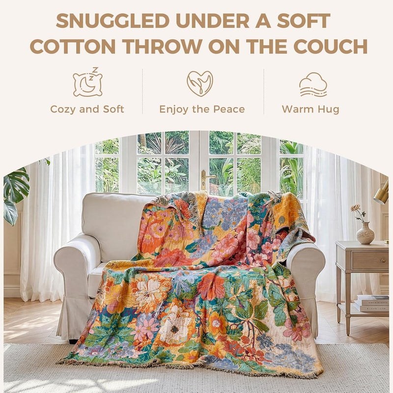 LUTBM Boho Throw Blanket for Bed Cotton Blankets Twin Size for Bedroom Living Room All Season Lightweight Floral Embroidery Quilt for Couch Sofa Chair 60"x80" - Image 4