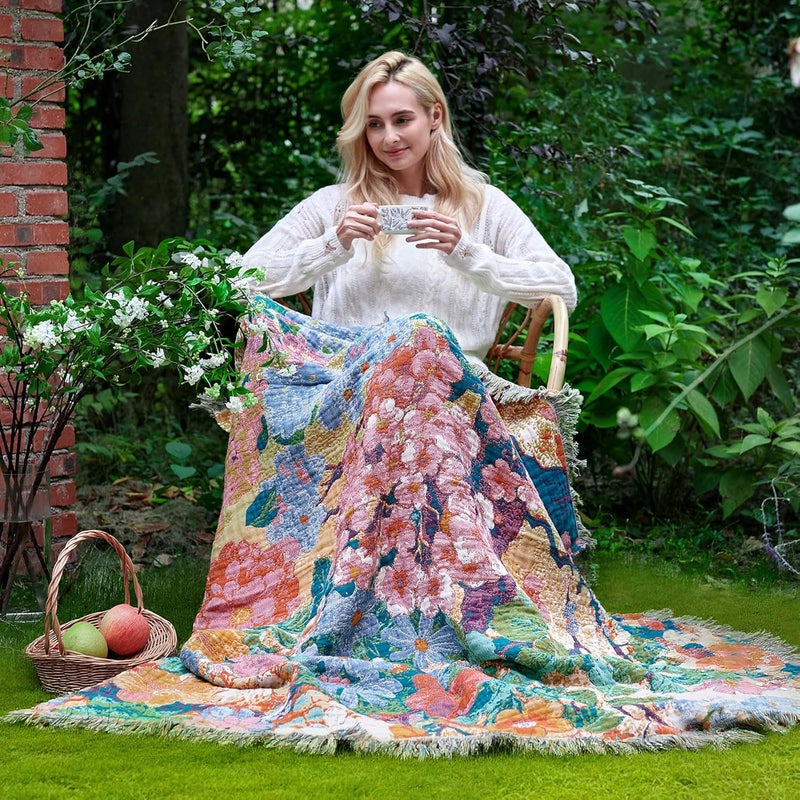 LUTBM Boho Throw Blanket for Bed Cotton Blankets Twin Size for Bedroom Living Room All Season Lightweight Floral Embroidery Quilt for Couch Sofa Chair 60"x80" - Image 5