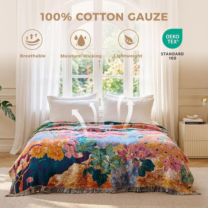 LUTBM Boho Throw Blanket for Bed Cotton Blankets Twin Size for Bedroom Living Room All Season Lightweight Floral Embroidery Quilt for Couch Sofa Chair 60"x80" - Image 2