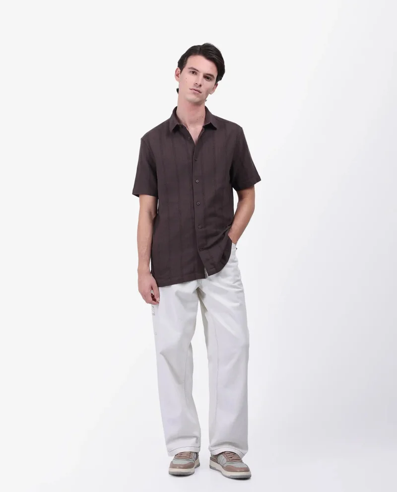 Rare Rabbit Rare Rabbit Men's Zolt Brown Cotton Fabric Short Sleeve Collared Neck Button Closure Striped Shirt