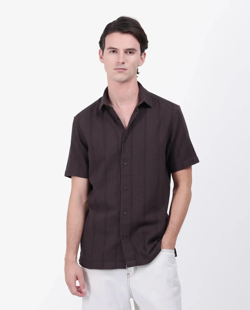 Rare Rabbit Rare Rabbit Men's Zolt Brown Cotton Fabric Short Sleeve Collared Neck Button Closure Striped Shirt