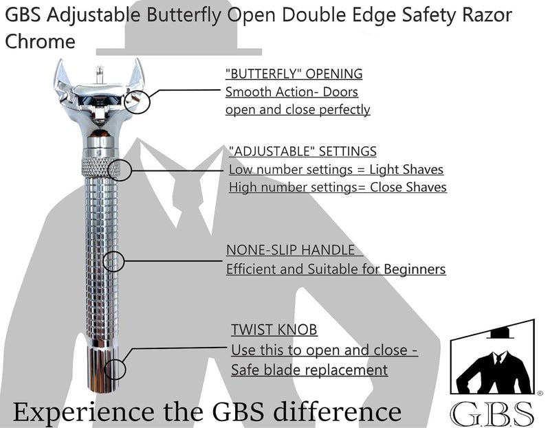 GBS Ultimate Wet Shaving Kit Adjustable Butterfly Diamond Knurled Safety Razor Shave Brush Chrome Shaving Soap Bowl Natural Shave Soap Brush and Razor Stand Grooming Set for Men - Image 2