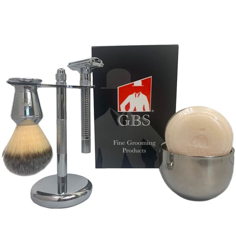 GBS Ultimate Wet Shaving Kit Adjustable Butterfly Diamond Knurled Safety Razor Shave Brush Chrome Shaving Soap Bowl Natural Shave Soap Brush and Razor Stand Grooming Set for Men - Image 1