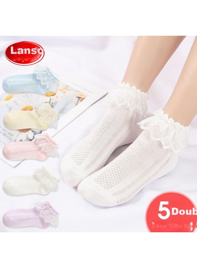 LANG SHA Langsha Children's Socks Girls Summer Thin Lace Edge Dance Socks Cute Princess Socks White 5 Pairs Foot Length 22-24cm 10 Years And Above Size 35-40 - Image 1