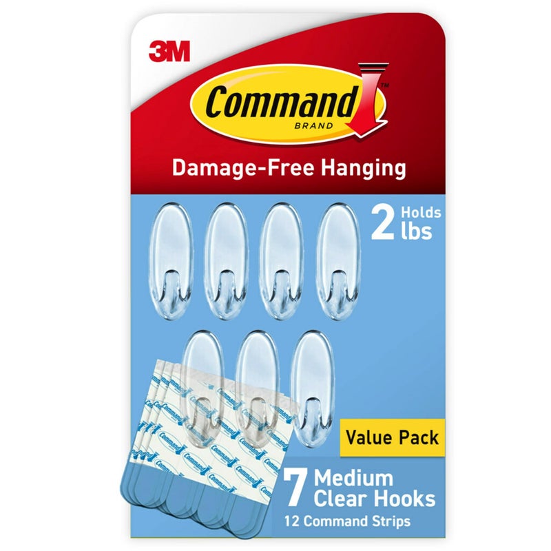 Command Command Medium Clear Wall Hooks, 7 Hooks and 12 Command Strips, Damage Free Hanging Wall Hooks with Adhesive Strips, Wall Hooks for Hanging Home Decor, Holds up to 2 lb - Image 1