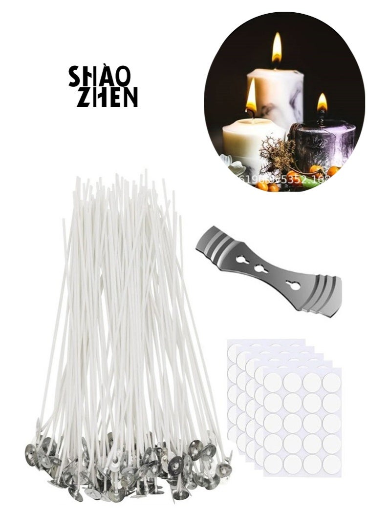 SHAOZHEN 100 Pcs Cotton Candle Wicks (10cm) with 100 Pcs Wick Stickers and 1 Pcs Metal Candle Wick Holders, Candle Wicks for Pillar Candle Making and Candle DIY - Image 1