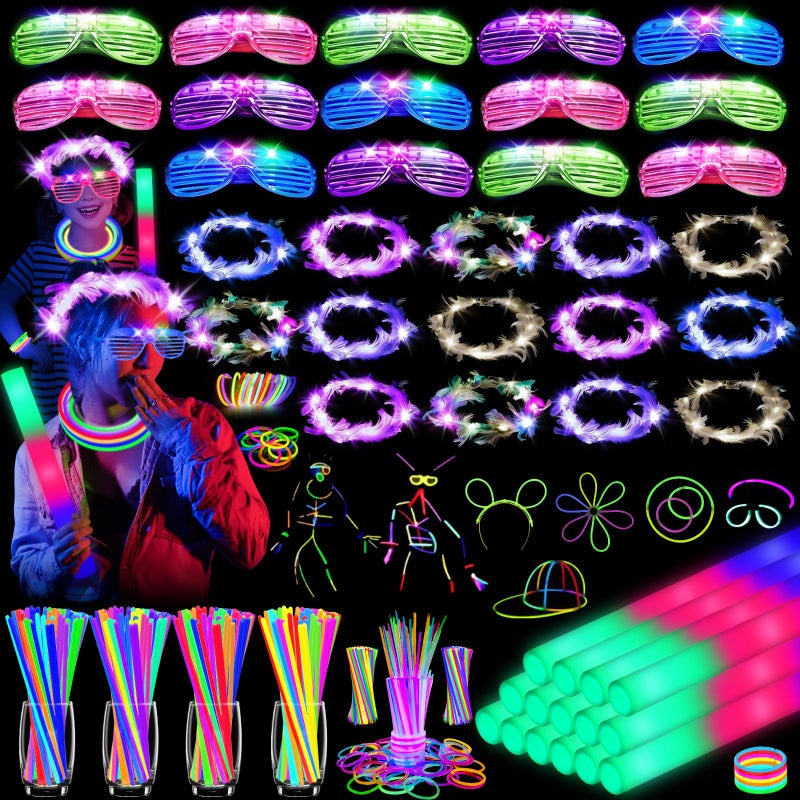 HONLYNE 142 PCS Glow in the Dark Party Supplies 14PCS Foam Glow Sticks 14PCS Light Up Headband14PCS LED Glasses and 100PCS Glow Sticks Braceletsfor Glow Party New Year Wedding Concert Birthday - Image 3