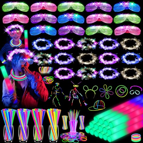 HONLYNE 142 PCS Glow in the Dark Party Supplies 14PCS Foam Glow Sticks 14PCS Light Up Headband14PCS LED Glasses and 100PCS Glow Sticks Braceletsfor Glow Party New Year Wedding Concert Birthday - Image 1