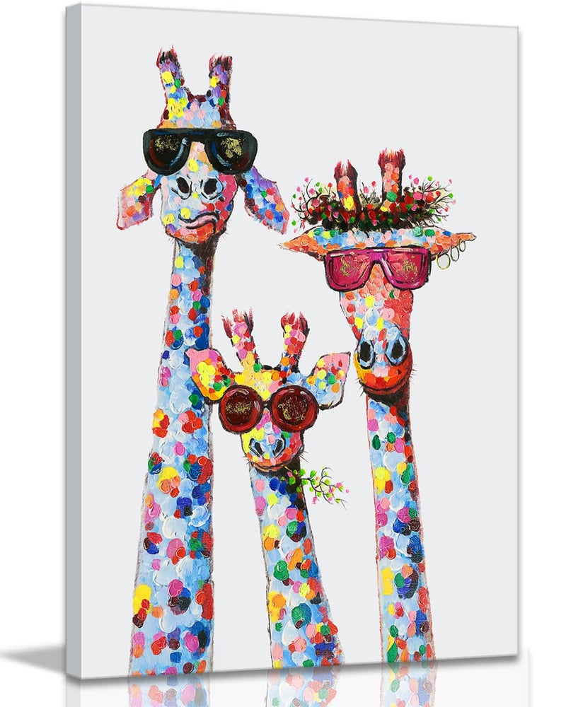 AKOTAC Giraffe Family Canvas Wall Art Animal Poster Prints Picture With Frame for Living Room Bedroom Nursery Office Kids Room Decor Gifts for Boy Girl and Babies(Lovely Giraffe, 24inchx16inch) - Image 1