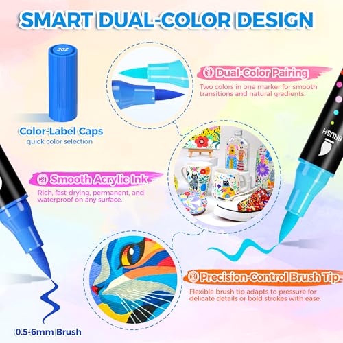 WINSONS 120 Colors Acrylic Paint Markers, Permanent Dual-Tip Acrylic Markers Set, Soft Brush Tip Paint Pens for Rock Painting, Canvas, Glass, Wood, Ceramic, DIY Craft Art Supplies, Set of 60 - Image 4