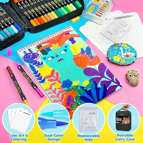 WINSONS 120 Colors Acrylic Paint Markers, Permanent Dual-Tip Acrylic Markers Set, Soft Brush Tip Paint Pens for Rock Painting, Canvas, Glass, Wood, Ceramic, DIY Craft Art Supplies, Set of 60 - Image 5