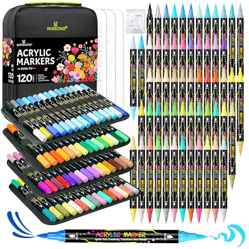 WINSONS 120 Colors Acrylic Paint Markers, Permanent Dual-Tip Acrylic Markers Set, Soft Brush Tip Paint Pens for Rock Painting, Canvas, Glass, Wood, Ceramic, DIY Craft Art Supplies, Set of 60 - Image 1