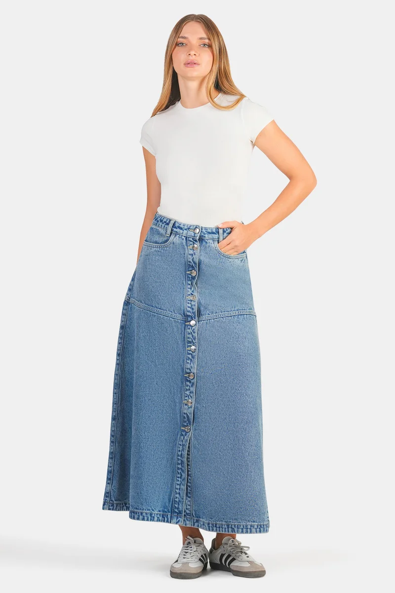 Virgio Solid Cotton Denim A-Line Midi Skirt for Women