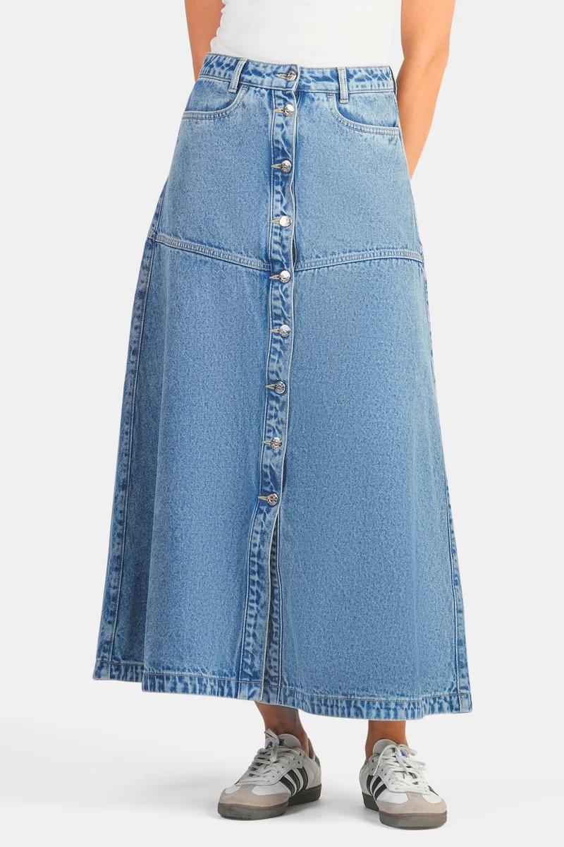 Virgio Solid Cotton Denim A-Line Midi Skirt for Women