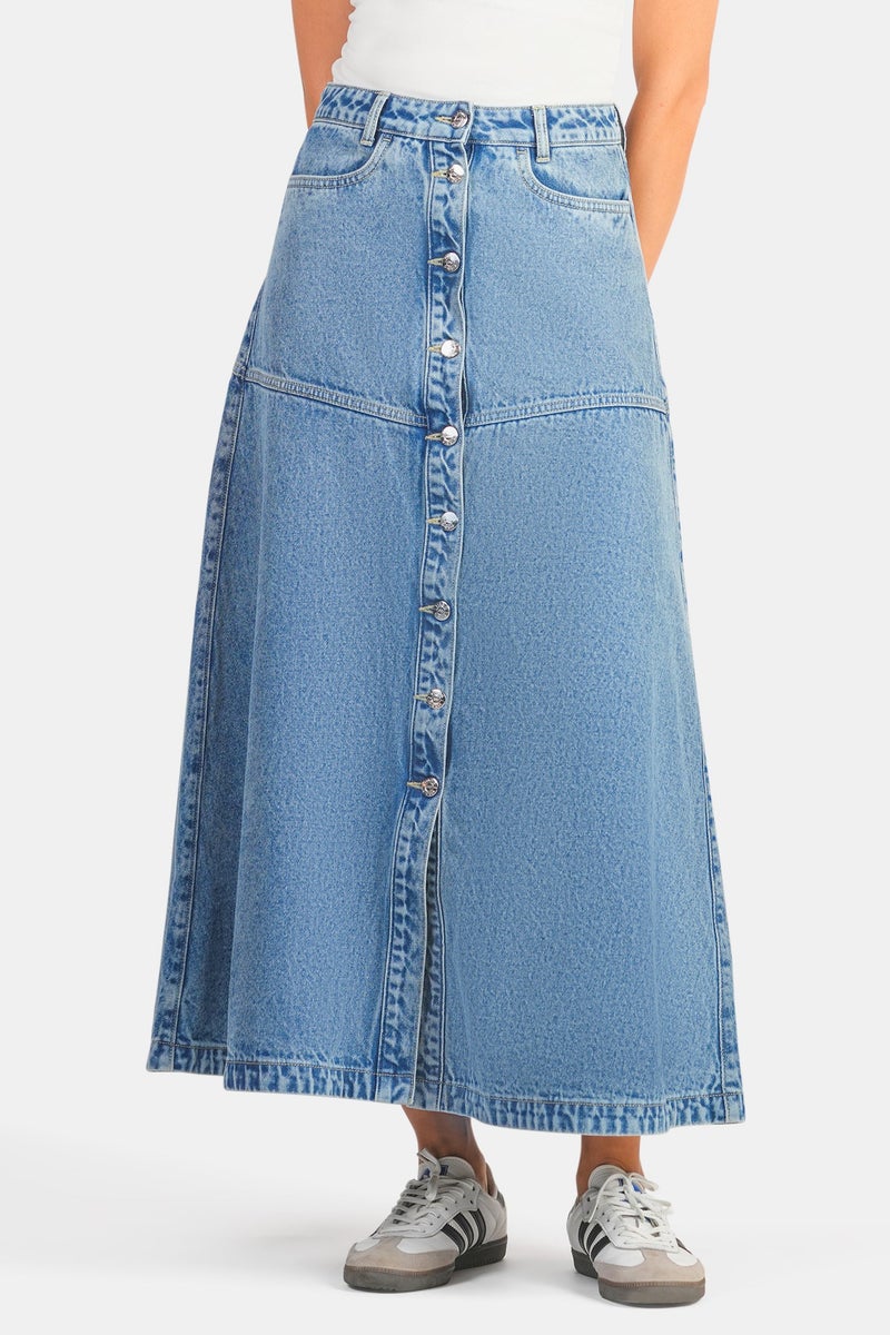 Virgio Solid Cotton Denim A-Line Midi Skirt for Women - Image 2