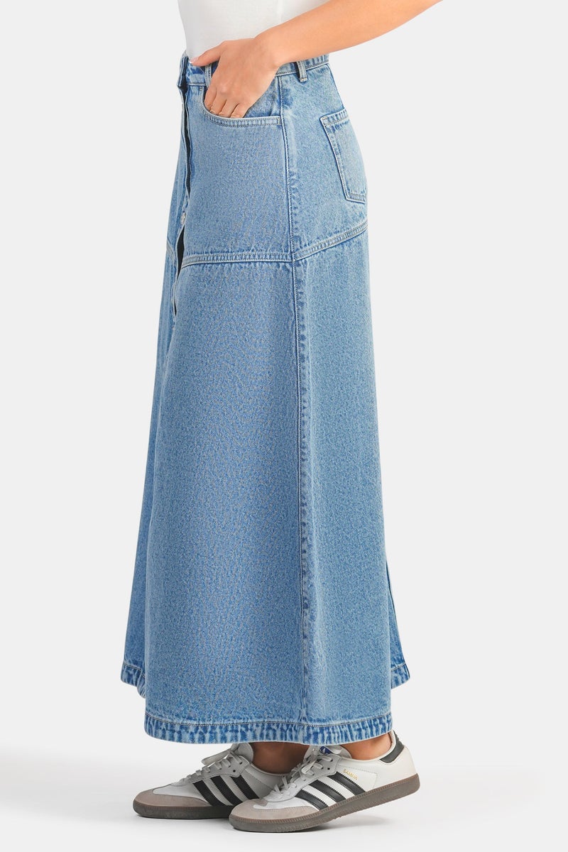 Virgio Solid Cotton Denim A-Line Midi Skirt for Women - Image 3