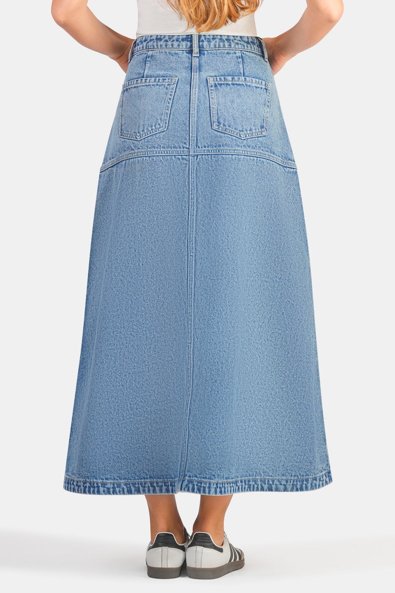 Virgio Solid Cotton Denim A-Line Midi Skirt for Women - Image 4