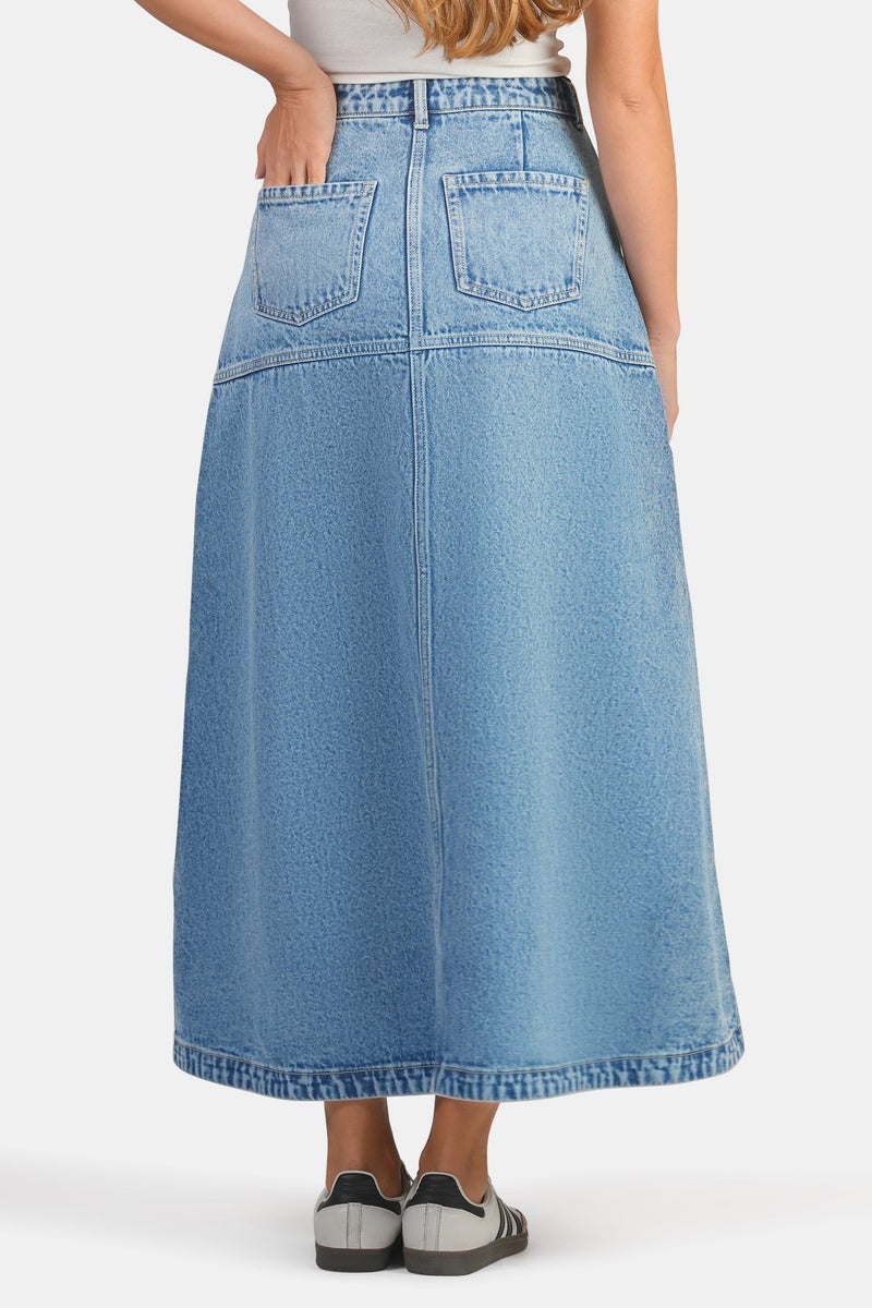 Virgio Solid Cotton Denim A-Line Midi Skirt for Women - Image 5