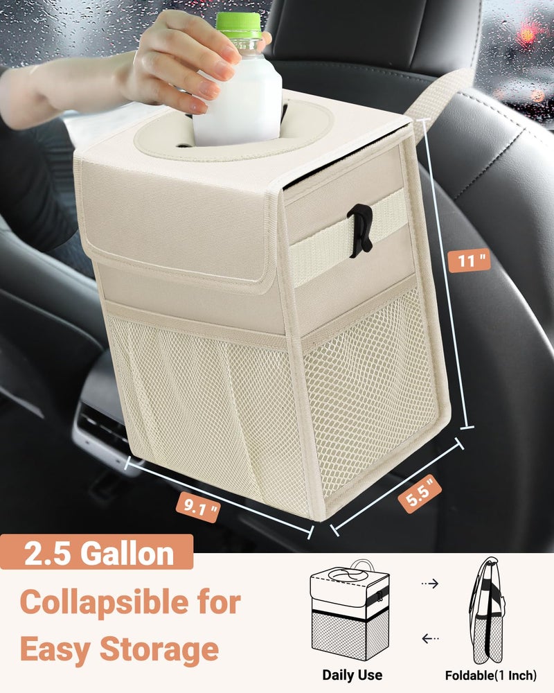 Capolo Car Trash Can with Lid, Leakproof Car Trash Bag Hanging Waterproof Automotive Garbage Can with Storage Pockets Mini Vehicle Trash Bin for Back/Front Seat(Beige,2.5 Gallon) - Image 2