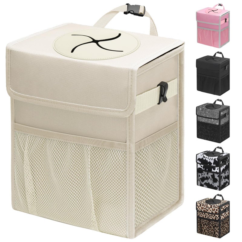 Capolo Car Trash Can with Lid, Leakproof Car Trash Bag Hanging Waterproof Automotive Garbage Can with Storage Pockets Mini Vehicle Trash Bin for Back/Front Seat(Beige,2.5 Gallon) - Image 1