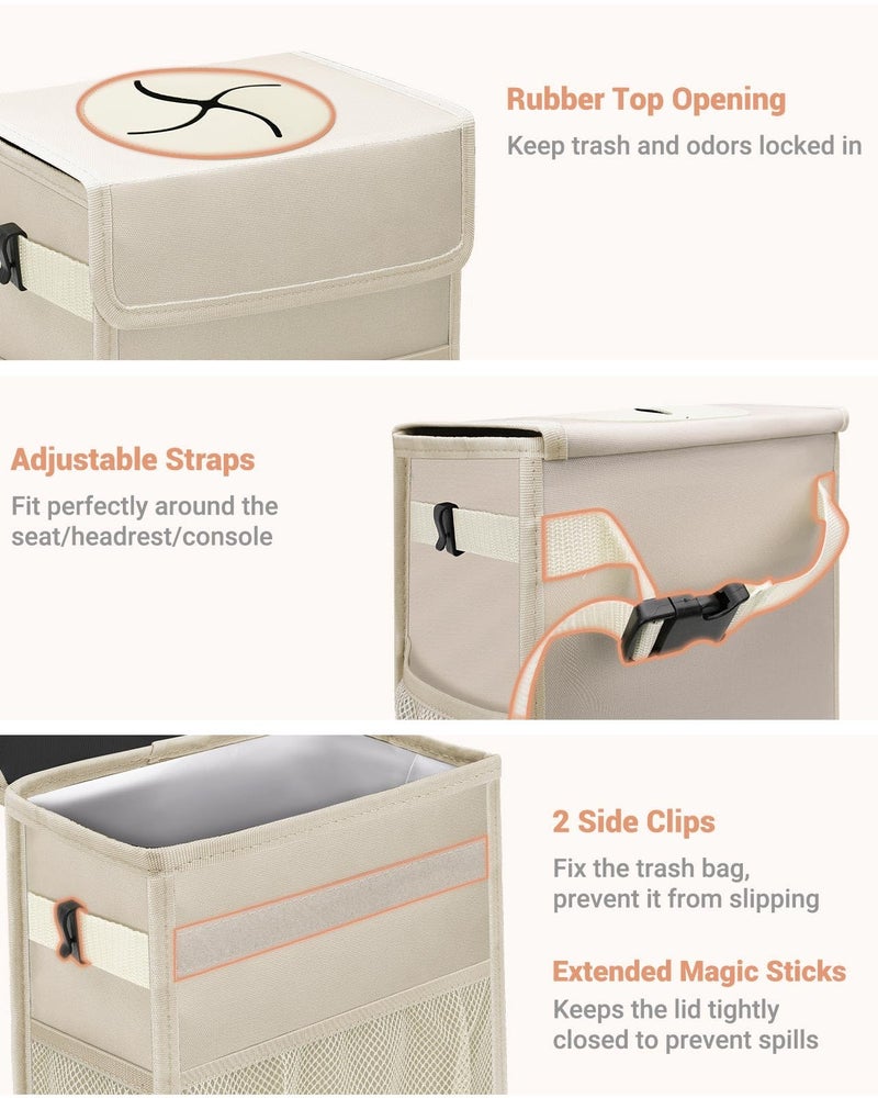 Capolo Car Trash Can with Lid, Leakproof Car Trash Bag Hanging Waterproof Automotive Garbage Can with Storage Pockets Mini Vehicle Trash Bin for Back/Front Seat(Beige,2.5 Gallon) - Image 3