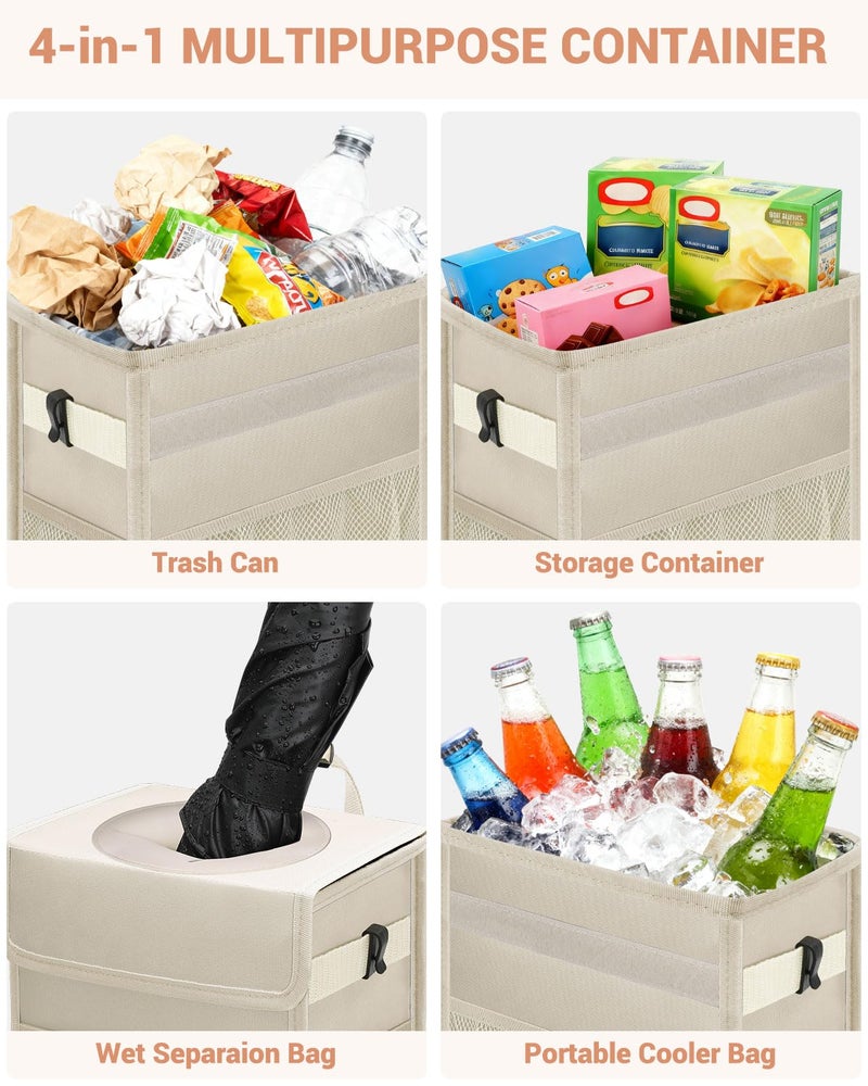 Capolo Car Trash Can with Lid, Leakproof Car Trash Bag Hanging Waterproof Automotive Garbage Can with Storage Pockets Mini Vehicle Trash Bin for Back/Front Seat(Beige,2.5 Gallon) - Image 5