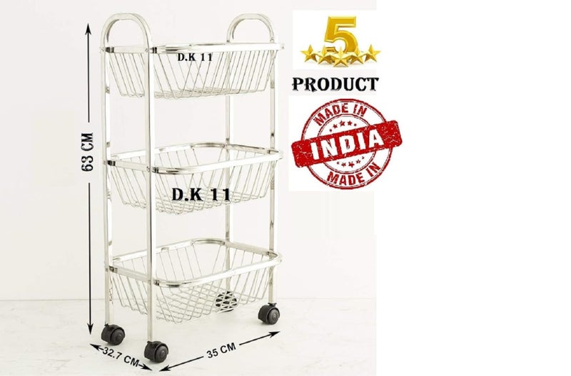 Q13® Stainless Steel Fruit & Vegetable Stand for Kitchen 3 Layer (Tier) Vegetable and Fruit Stand for Kitchen Rack Trolley Basket, Sabji Stand, Storage Shelf Holder - Image 2