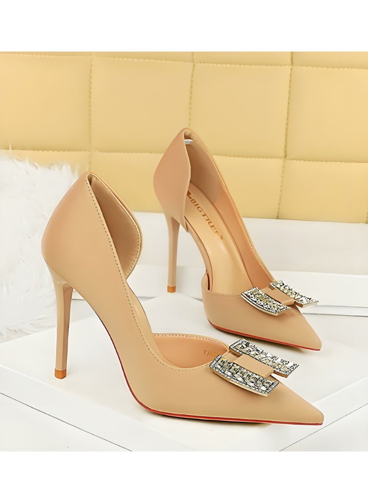 BIGTREE Women's Rhinestone Stiletto Pumps Closed Pointed Toe High Heels Party Dress Shoes Apricot 10CM - Image 2
