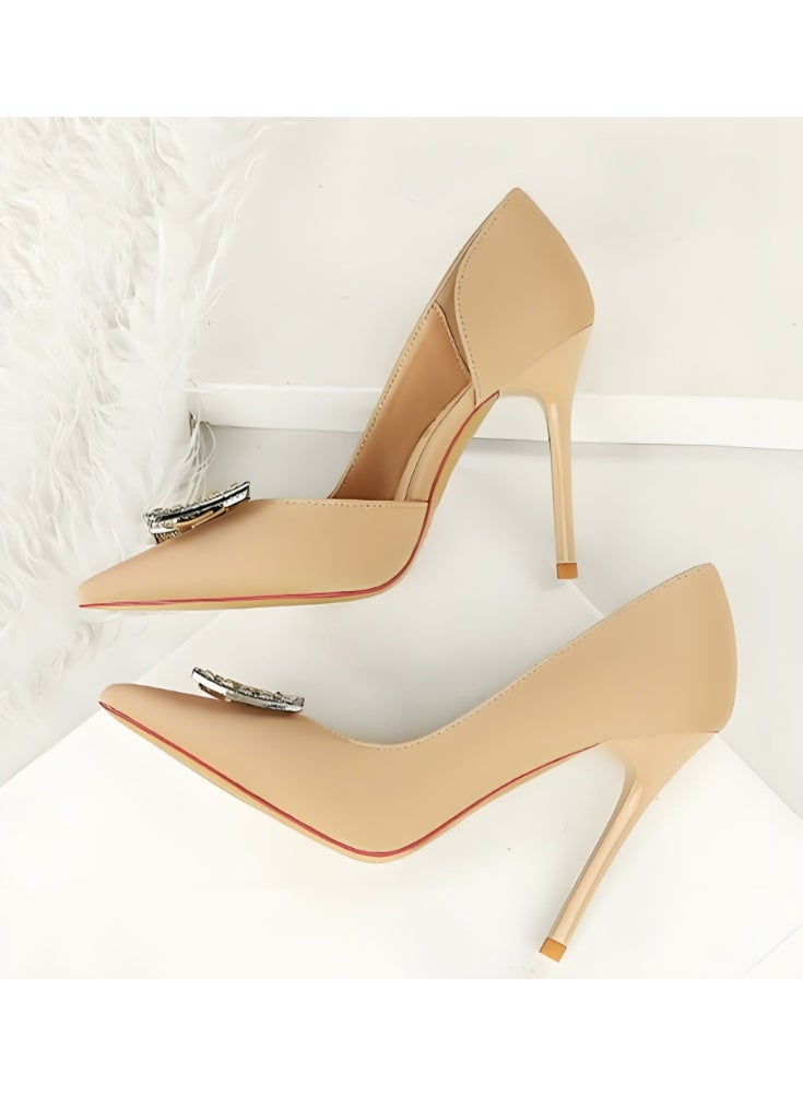 BIGTREE Women's Rhinestone Stiletto Pumps Closed Pointed Toe High Heels Party Dress Shoes Apricot 10CM - Image 3