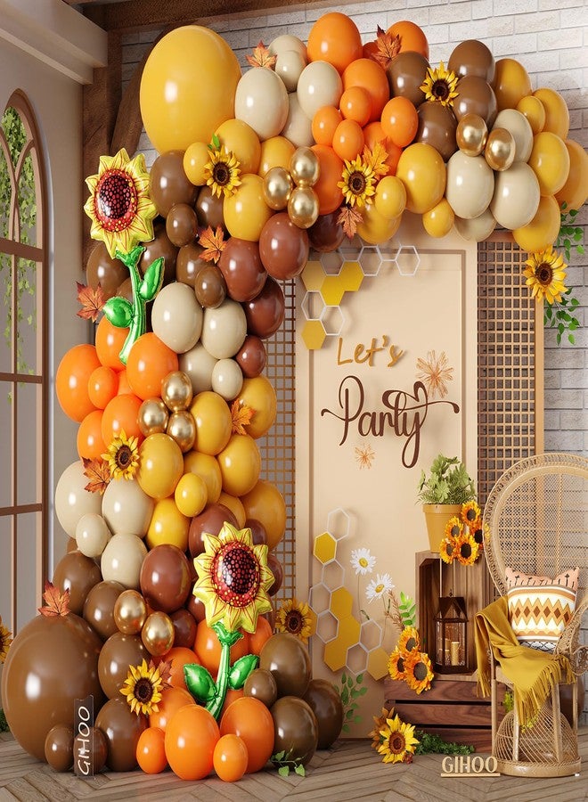 GIHOO Fall Sunflower Balloon Garland Arch Kit 154pcs Brown Mustard Yellow Sand White Balloons with Sunflower Balloons for Sunflower Baby Shower Birthday Thanksgiving Party Decorations - Image 1