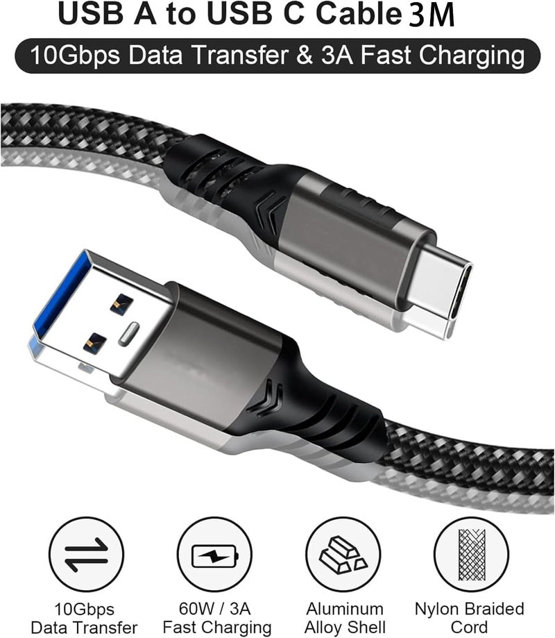 Type C Cable 3M,USB A to USB C Nylon Braided Cable,USB 3.1/3.2 10Gbps Data Transfer and 60W 3A Fast Charging,for Samsung Galaxy S24,M13,Pixel 8,Redmi Note,iPad,MacBook Pro,Nintendo Switch,Huawei - Image 2