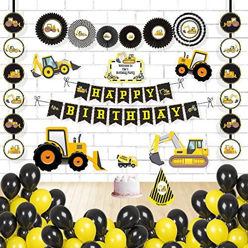 Untumble Construction Theme Birthday decoration party supplies combo pack JCB Theme Birthday kit with Banner Paper fans Danglers Posters Cake topper Hat and Balloons (Pack of 56, Yellow & Black) - Image 1