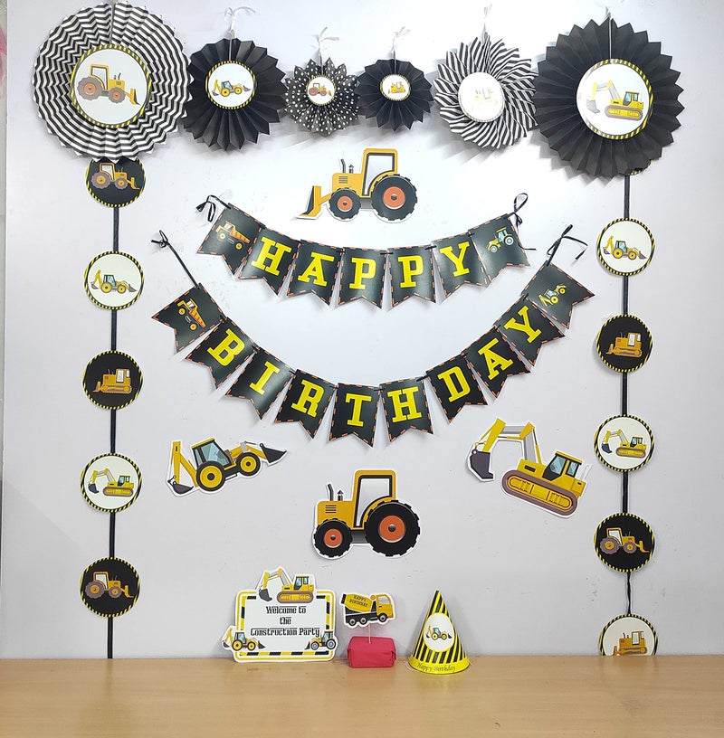 Untumble Construction Theme Birthday decoration party supplies combo pack JCB Theme Birthday kit with Banner Paper fans Danglers Posters Cake topper Hat and Balloons (Pack of 56, Yellow & Black) - Image 3
