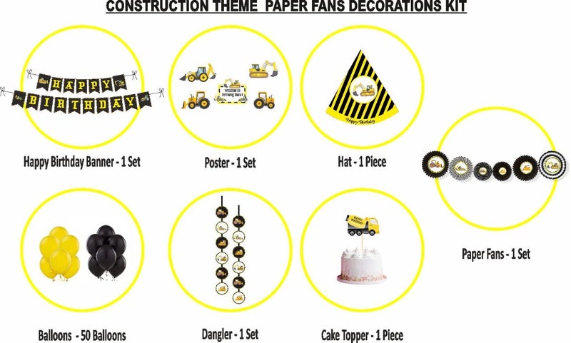 Untumble Construction Theme Birthday decoration party supplies combo pack JCB Theme Birthday kit with Banner Paper fans Danglers Posters Cake topper Hat and Balloons (Pack of 56, Yellow & Black) - Image 2