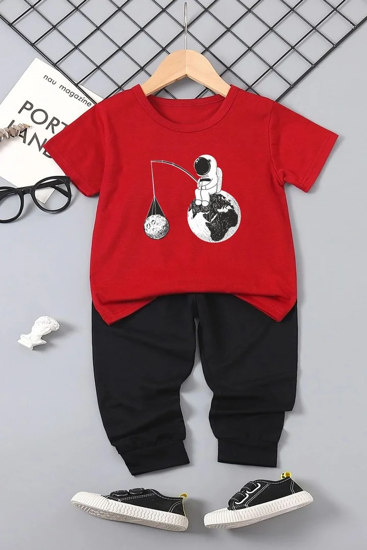 ONLYTRENDWEAR Childrens Space Themed Bottom - Top Tracksuit Set 3-4 Years Old Red