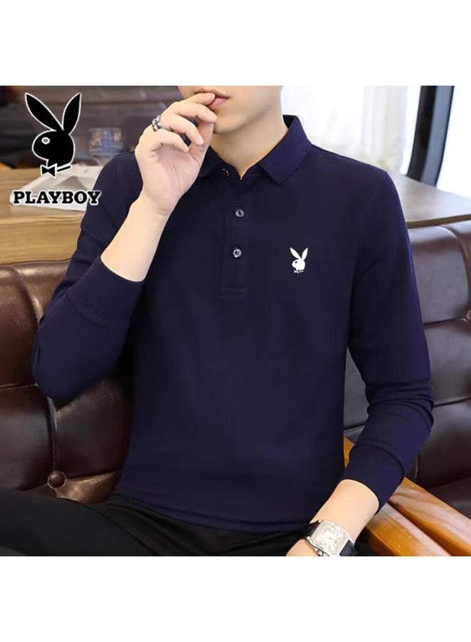 Playboy Men's Long-sleeve T-shirt, Spring And Autumn Polo Shirt With Collar, Business Casual Top For Young And Middle-aged Men, Navy Blue, 2XL - Image 1