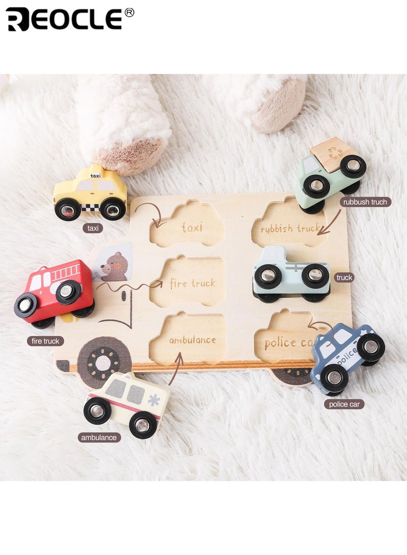 ريوكل مجموعة مطابقة سيارات خشبية للأطفال بتصميم سيارات وشاحنات المدينة، لعبة تعليمية للأطفال الصغار مع ميزة المطابقة لتطوير القدرات الإدراكية - Image 2