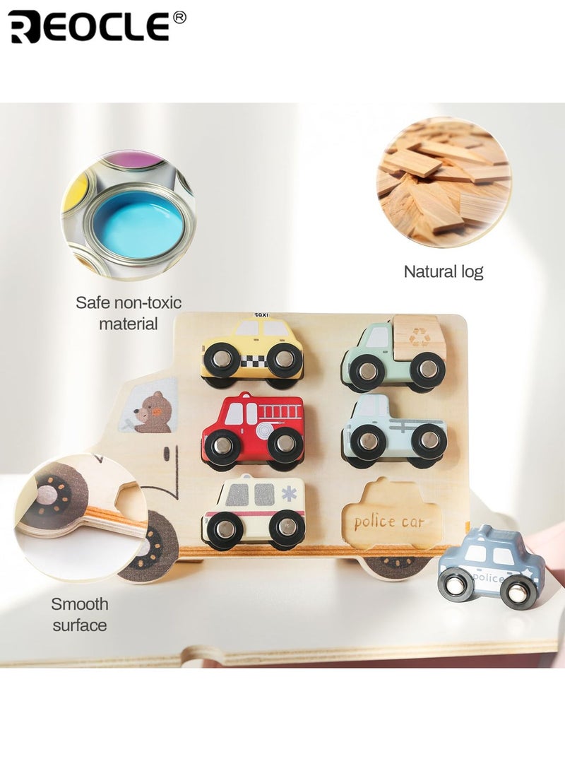 ريوكل مجموعة مطابقة سيارات خشبية للأطفال بتصميم سيارات وشاحنات المدينة، لعبة تعليمية للأطفال الصغار مع ميزة المطابقة لتطوير القدرات الإدراكية - Image 5