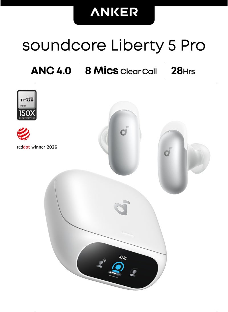 Soundcore Anker soundcore Liberty 5 Pro, ANKER Thus™ AI Chip, World's Clearest Calls, Noise Cancelling Earbuds, Wireless Earbuds, ANC On 6.5H / 28H Playtime, 5 Mins Charge = 4 Hrs Playtime, Wireless Charging Pearl White - Image 1
